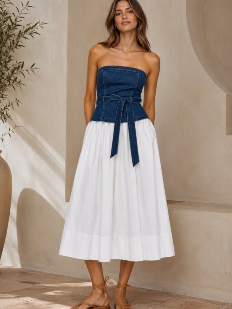 En Saison Anthropologie Harlow Mixed Media Denim Strapless Midi Dress Size M New
